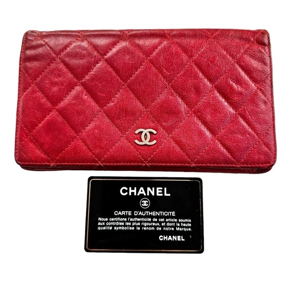 Authentic CHANEL Red Quilted Lambskin Leather Long Wallet With Authenticity Card - Picture 6 of 15